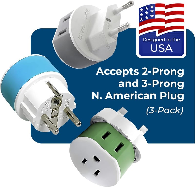 OREI Full European Travel Adapter Set - Dual Input American to Europe, Germany, England, Spain, Italy, Iceland, France, (Type G, E/F, Type C) - 3 Pack, Safe Grounded Use for Cell Phones, Laptops - Image 4